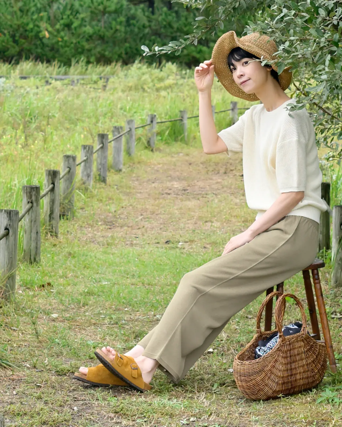 おなかをつつむ / のびるニットパンツ ワイドタイプ 綿麻